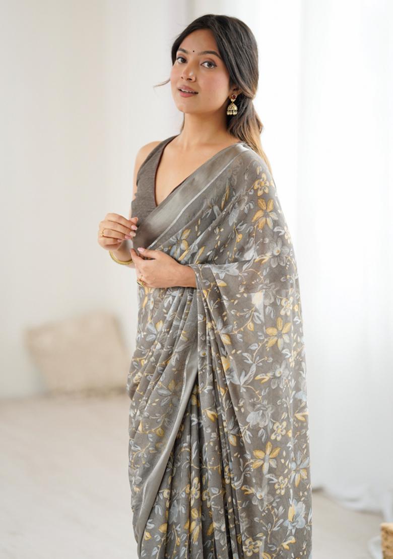 Grey Printed Satin Saree Set - Indya