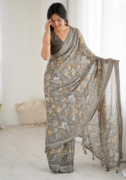 Grey Printed Satin Saree Set