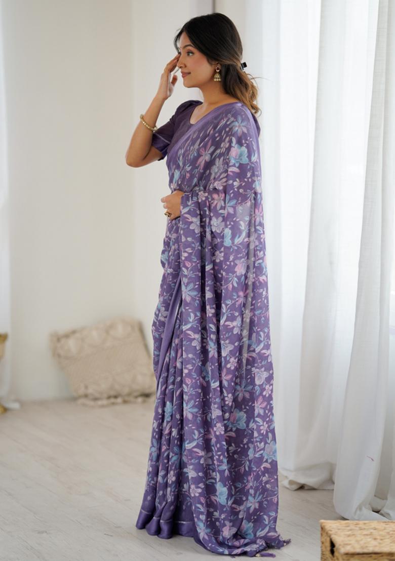 Purple Printed Satin Saree Set - Indya