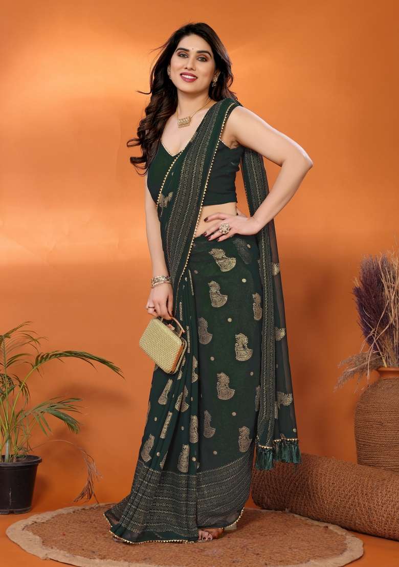 Seagreen Georgette Blend Saree Set with Printed for Diwali | Wedding & Festive Wear - Indya