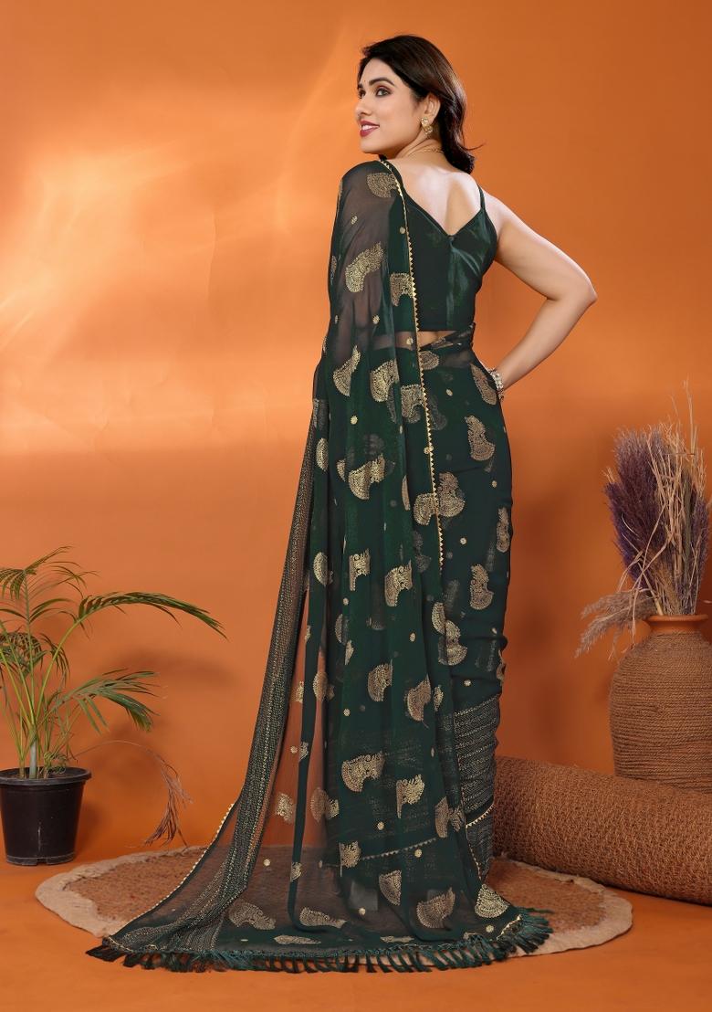 Seagreen Printed Silk Saree Set - Indya
