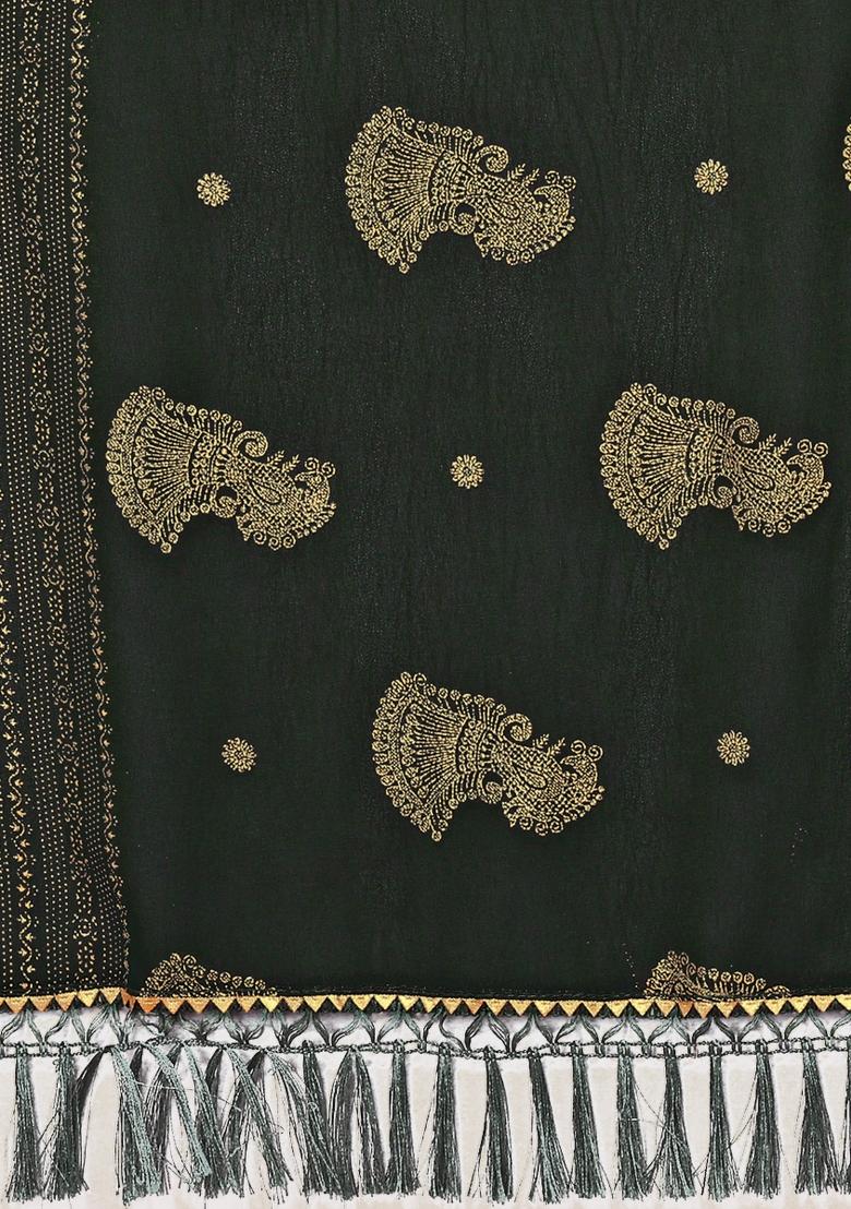 Seagreen Printed Silk Saree Set - Indya