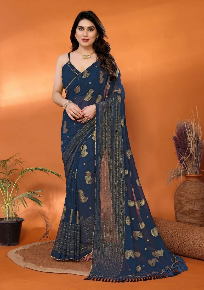 Navy Georgette Blend Saree Set with Printed for Diwali | Wedding & Festive Wear - Indya