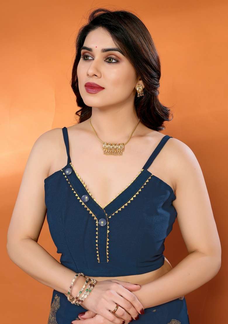 Navy Georgette Blend Saree Set with Printed for Diwali | Wedding & Festive Wear - Indya