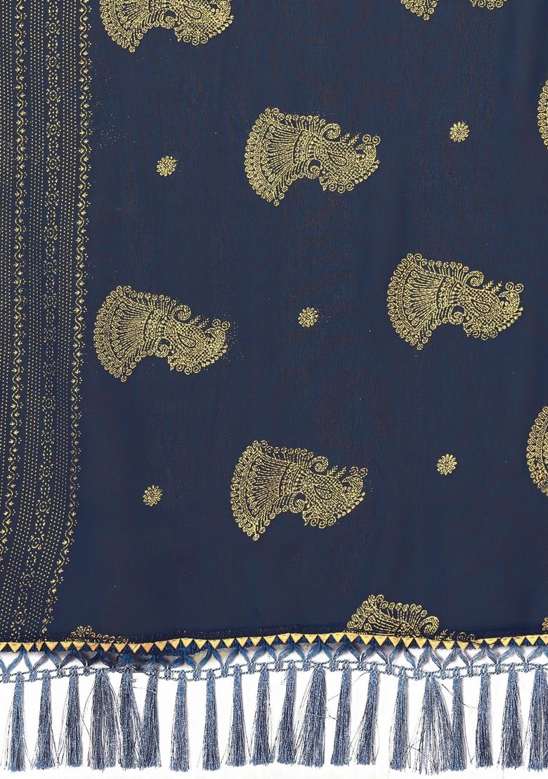 Navy Printed Silk Saree Set - Indya