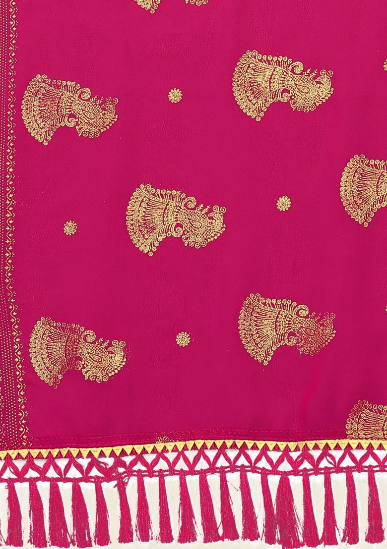 Pink Printed Silk Saree Set - Indya