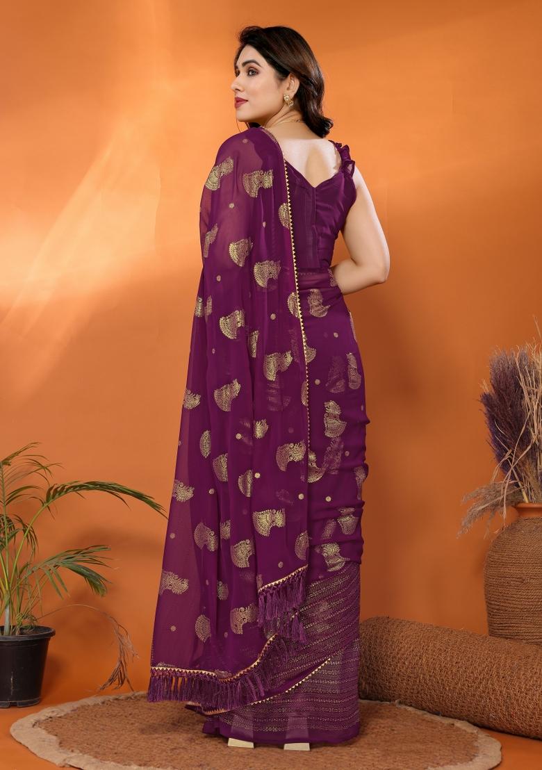 Purple Printed Silk Saree Set - Indya