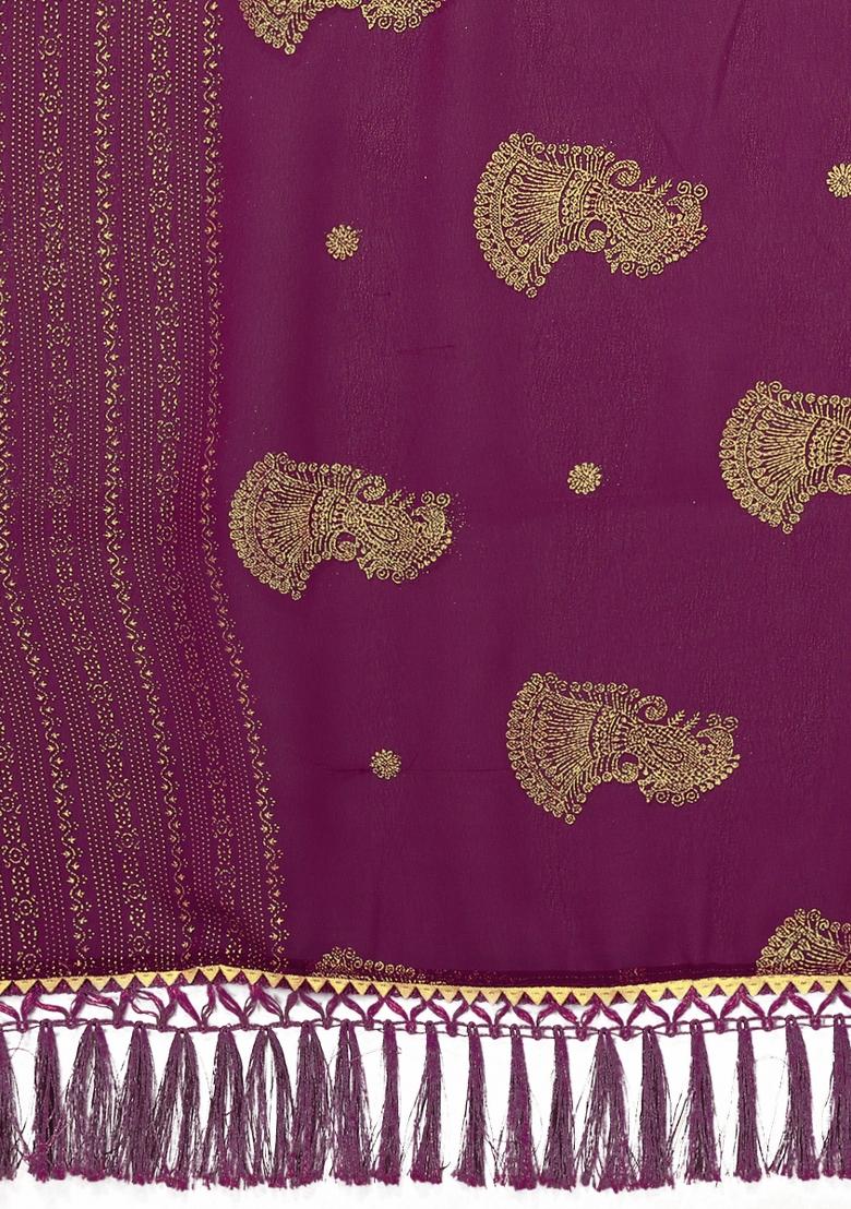 Purple Printed Silk Saree Set - Indya
