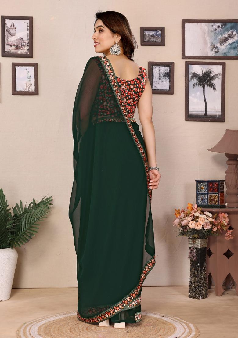 Seagreen Solid Silk Saree Set - Indya