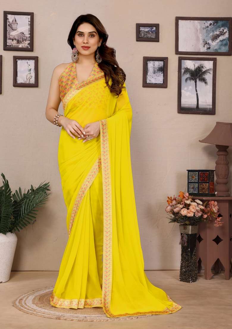 Yellow Solid Georgette Blend Saree Set for Diwali | Wedding & Festive Wear - Indya
