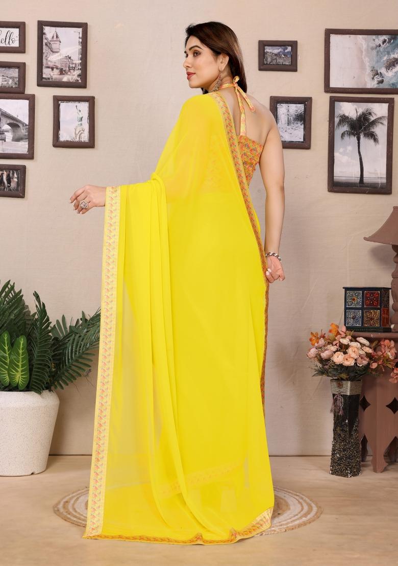 Yellow Solid Silk Saree Set - Indya