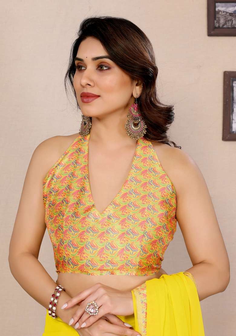 Yellow Solid Georgette Blend Saree Set for Diwali | Wedding & Festive Wear - Indya