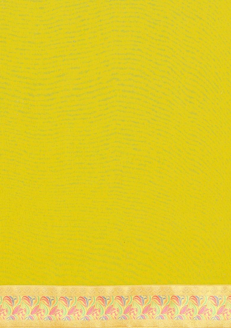 Yellow Solid Silk Saree Set - Indya