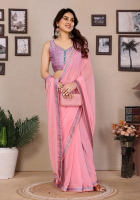 Pink Solid Silk Saree Set