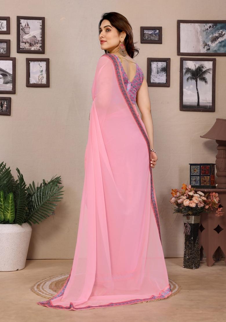 Pink Solid Silk Saree Set - Indya