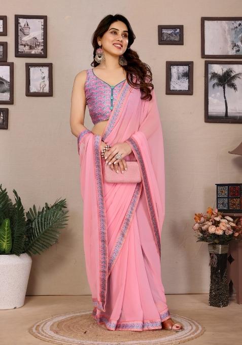 Pink Solid Silk Saree Set