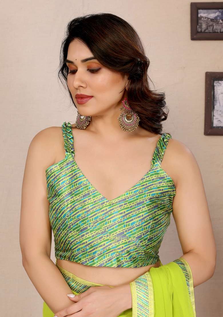Parrot Solid Georgette Blend Saree Set for Diwali | Wedding & Festive Wear - Indya