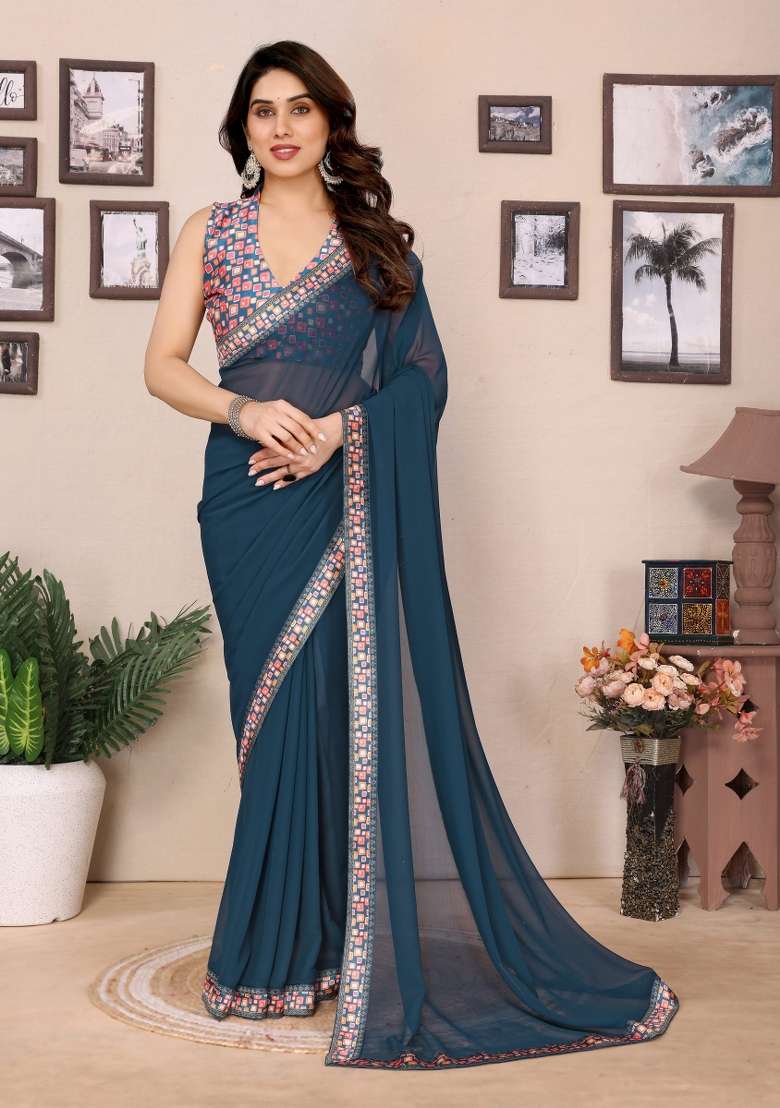 Navy Solid Georgette Blend Saree Set for Diwali and Festive Wear - Indya