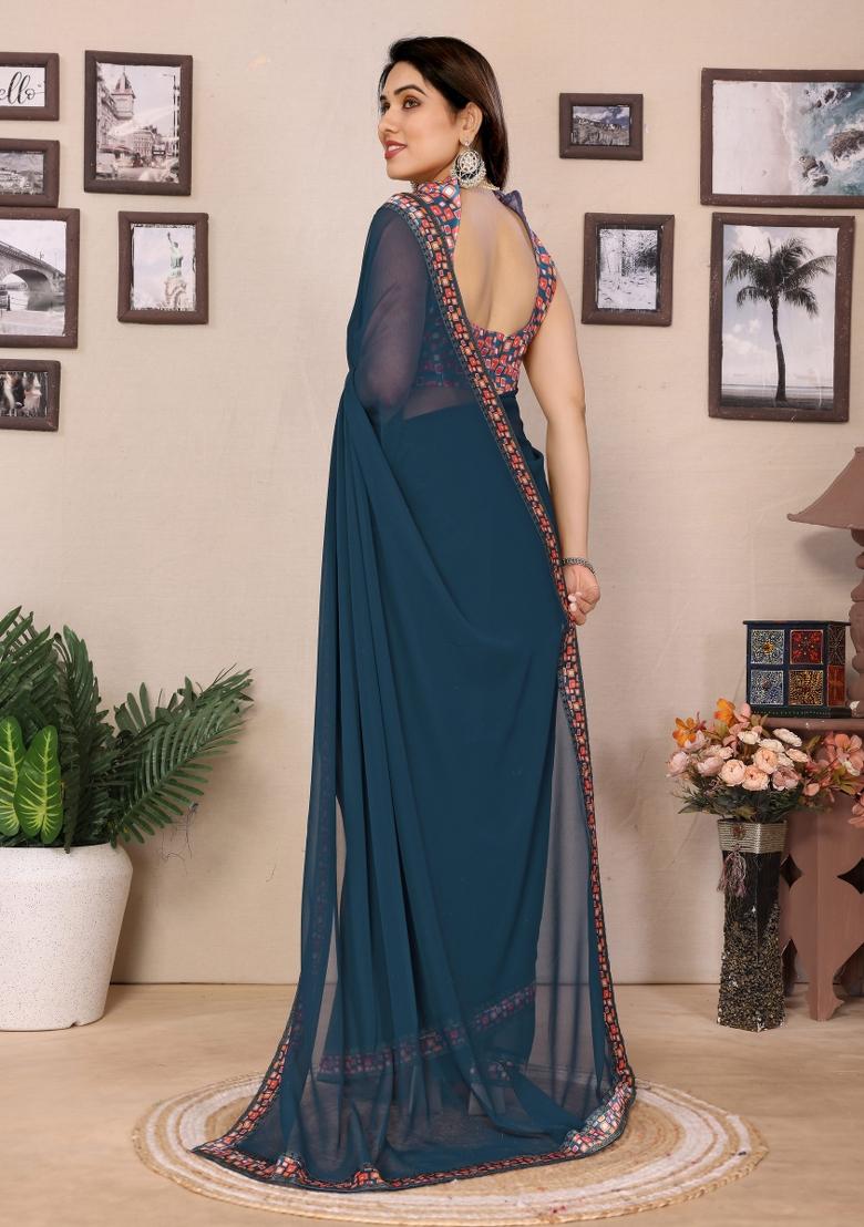Navy Solid Silk Saree Set - Indya