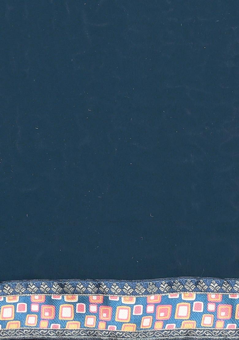 Navy Solid Silk Saree Set - Indya