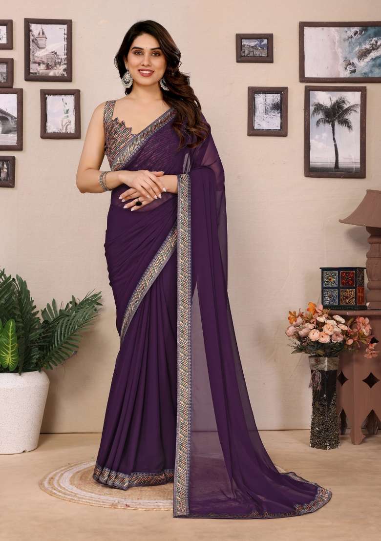 Wine Solid Georgette Blend Saree Set for Diwali and Festive Wear - Indya