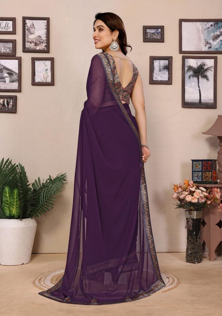 Wine Solid Silk Saree Set - Indya