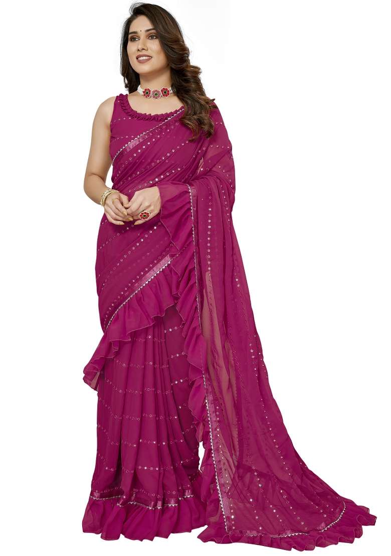 Darkpink Mirror Work Georgette Blend Saree Set for Diwali and Festive Wear - Indya