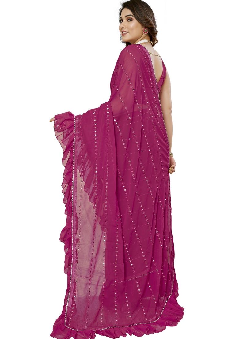 Darkpink Mirror Work Silk Saree Set - Indya