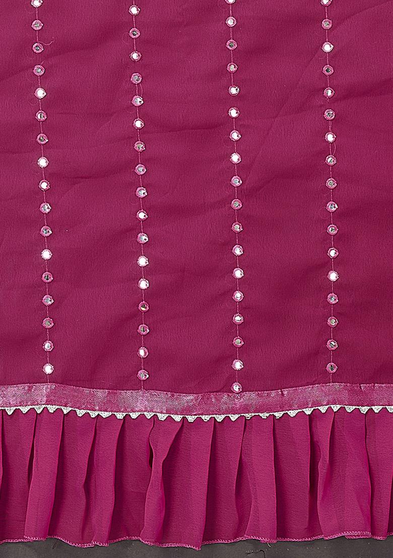 Darkpink Mirror Work Silk Saree Set - Indya