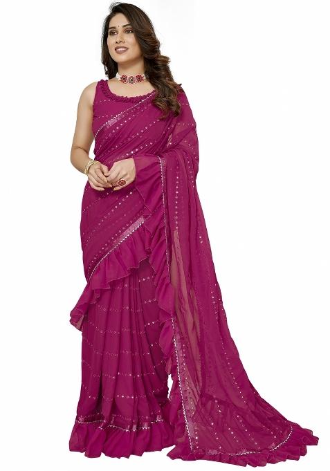 Darkpink Mirror Work Silk Saree Set