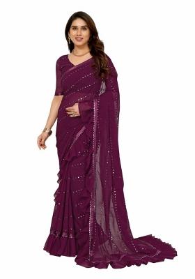 Wine Mirror Work Silk Saree Set