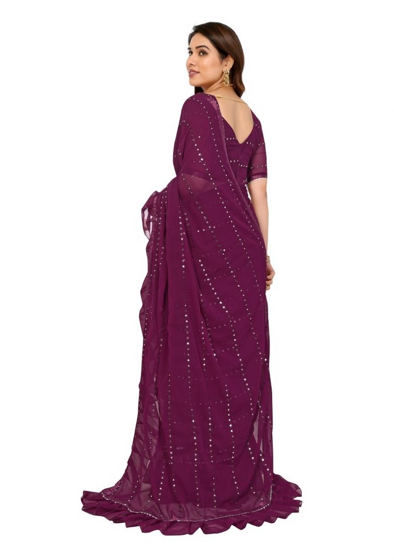 Wine Mirror Work Silk Saree Set - Indya