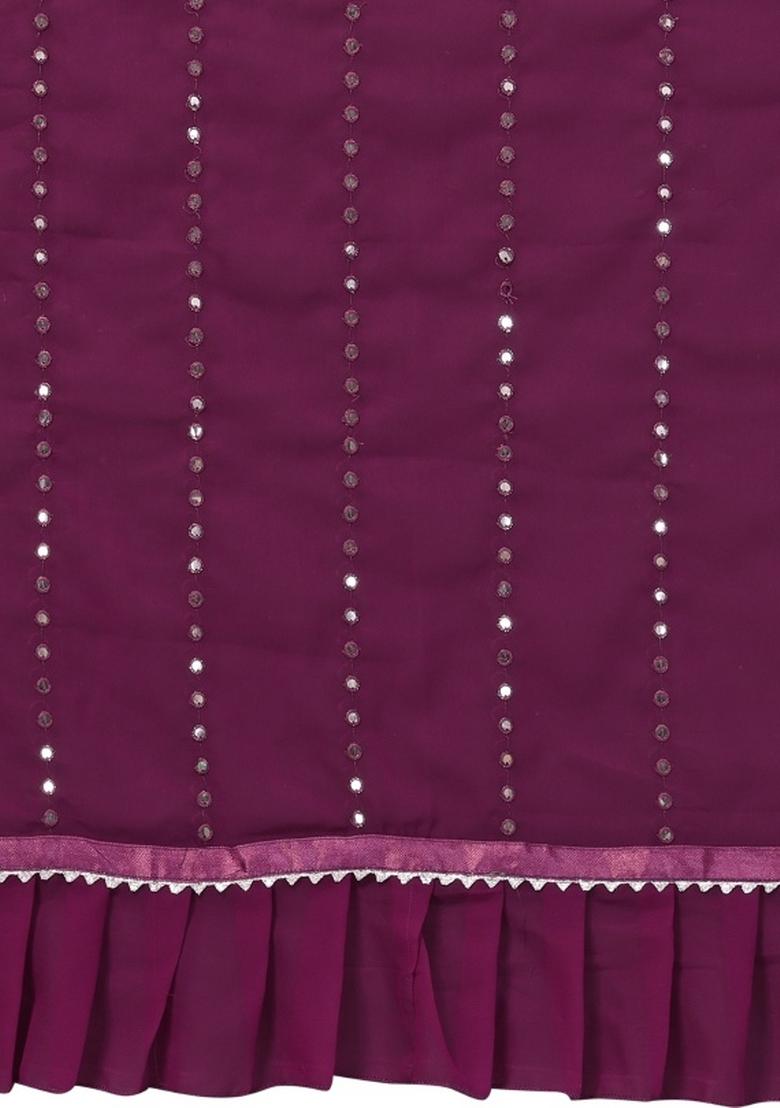 Wine Mirror Work Silk Saree Set - Indya