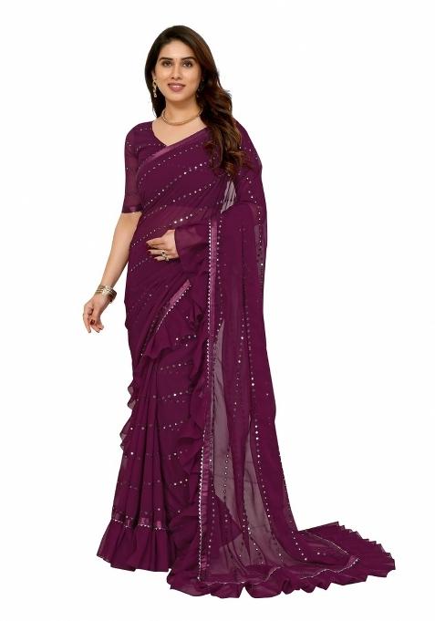 Wine Mirror Work Silk Saree Set