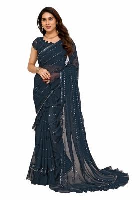 Blue Mirror Work Silk Saree Set