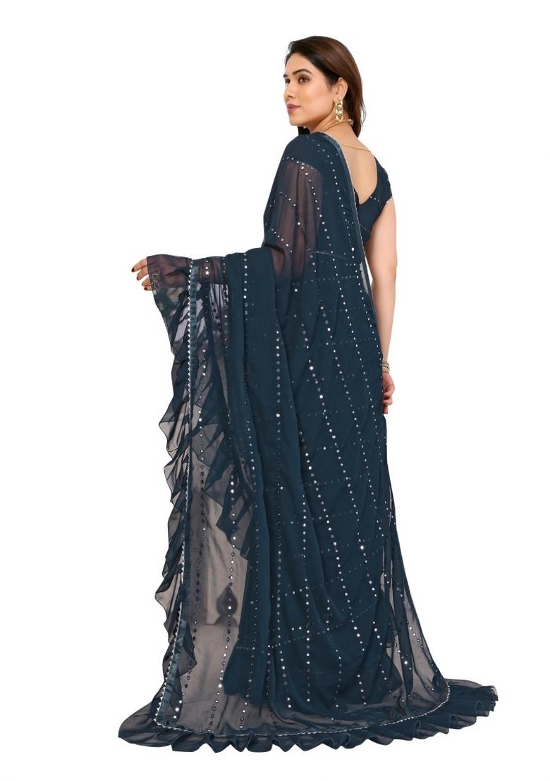 Blue Mirror Work Silk Saree Set - Indya