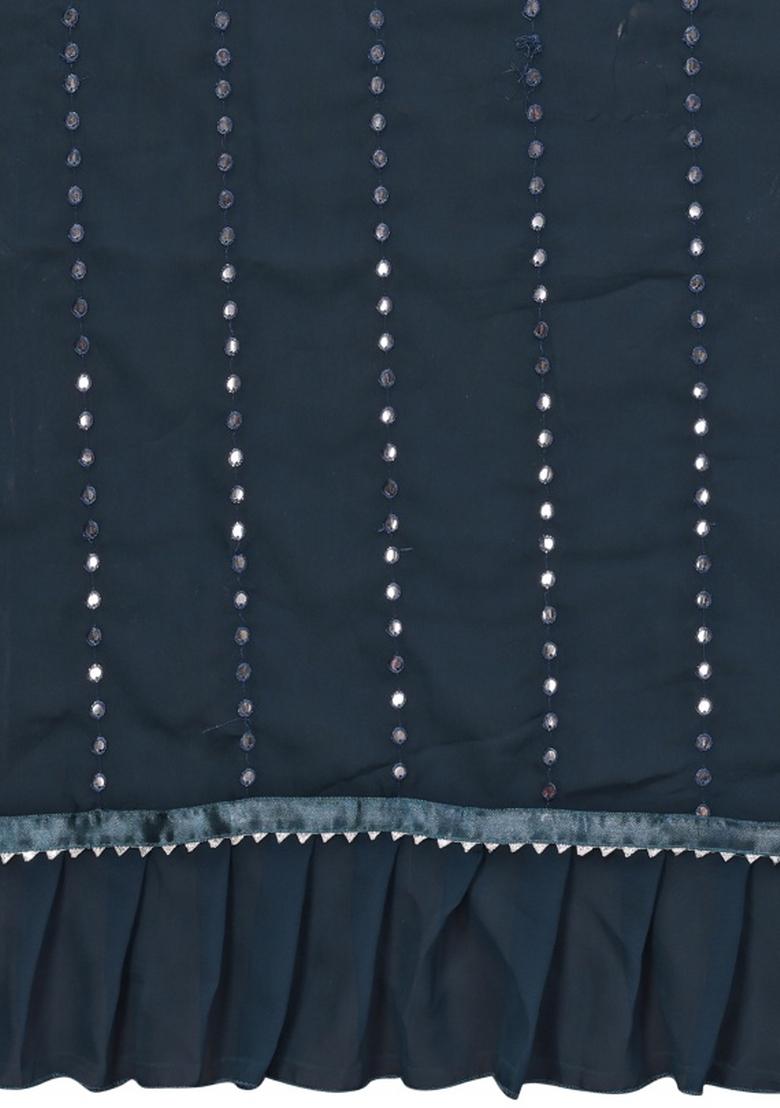 Blue Mirror Work Silk Saree Set - Indya