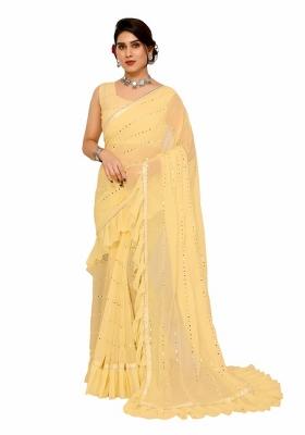 Cream Mirror Work Silk Saree Set