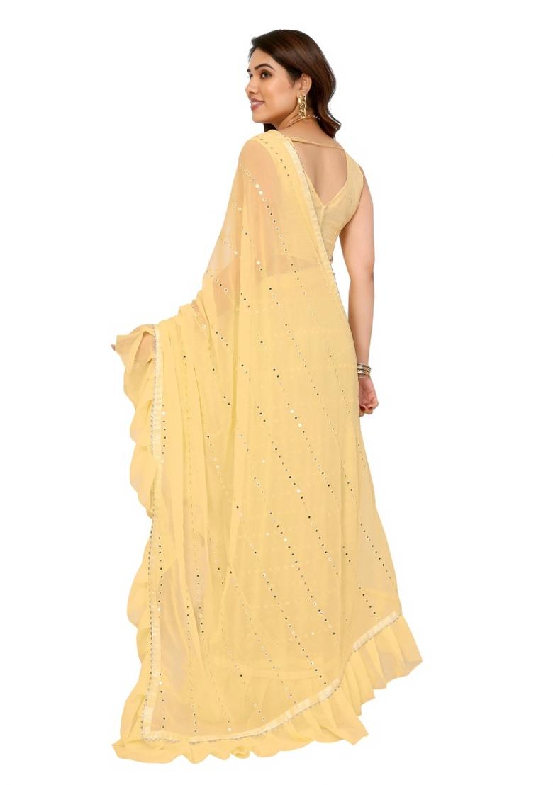 Cream Mirror Work Silk Saree Set - Indya