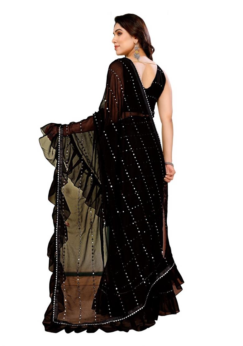 Black Mirror Work Silk Saree Set - Indya