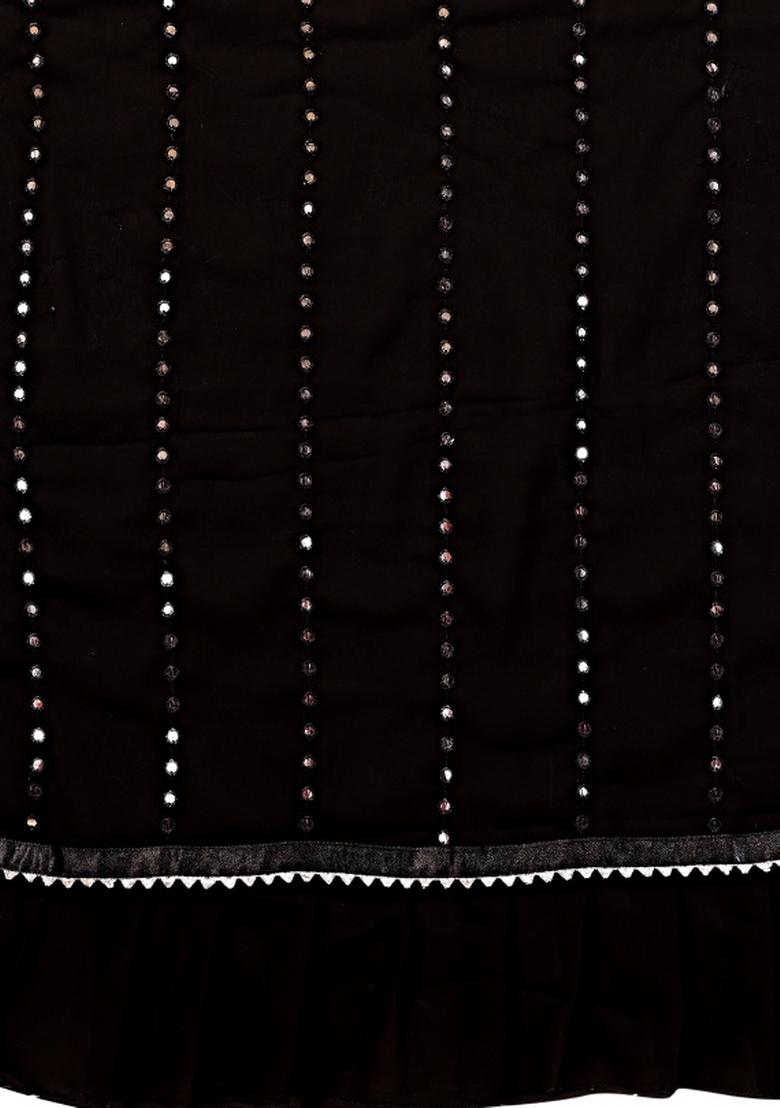 Black Mirror Work Silk Saree Set - Indya