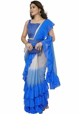 Blue Mirror Work Silk Saree Set