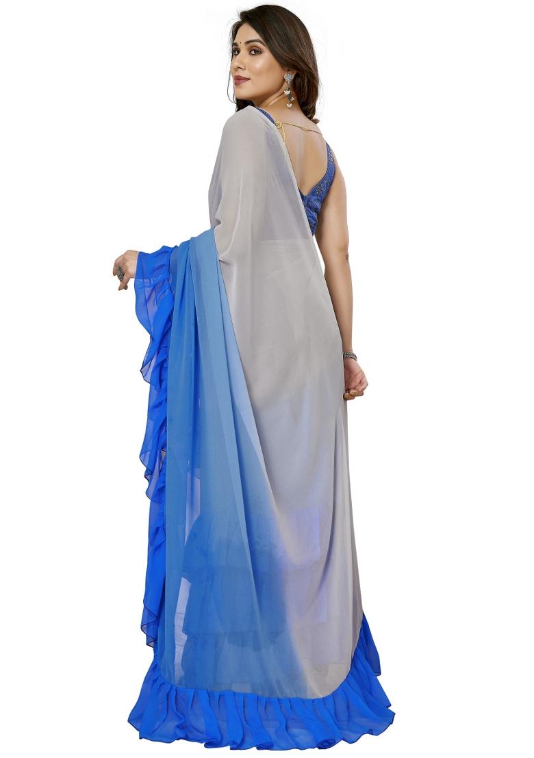 Blue Mirror Work Silk Saree Set - Indya