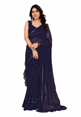 Navy Mirror Work Silk Saree Set