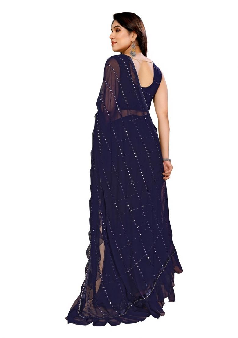 Navy Mirror Work Silk Saree Set - Indya