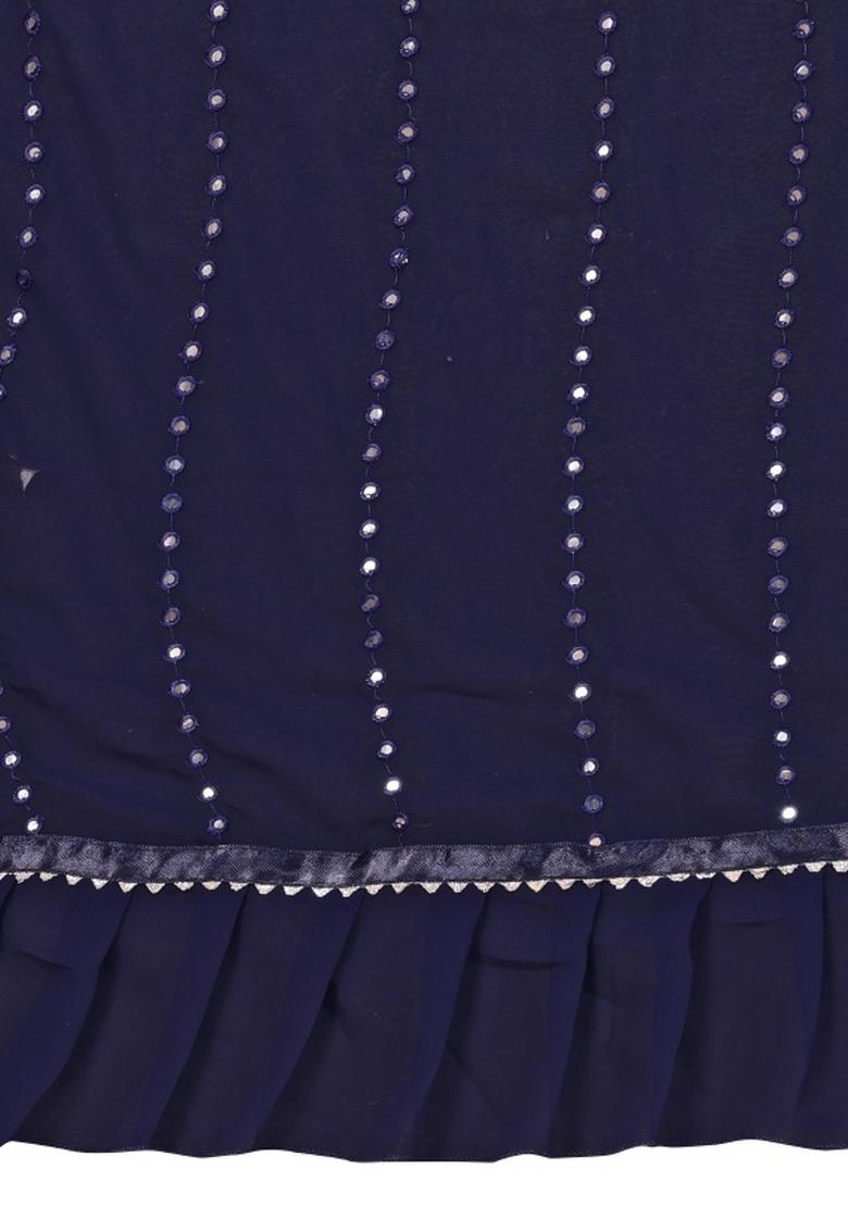 Navy Mirror Work Silk Saree Set - Indya