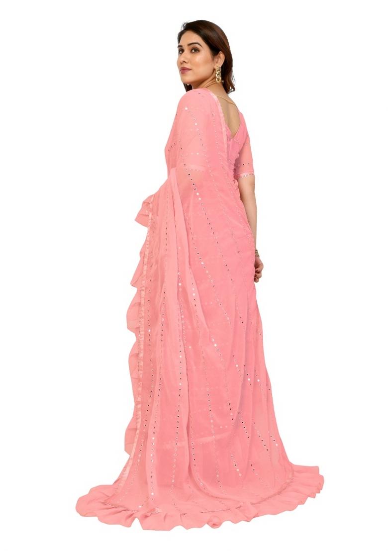 Pink Mirror Work Silk Saree Set - Indya