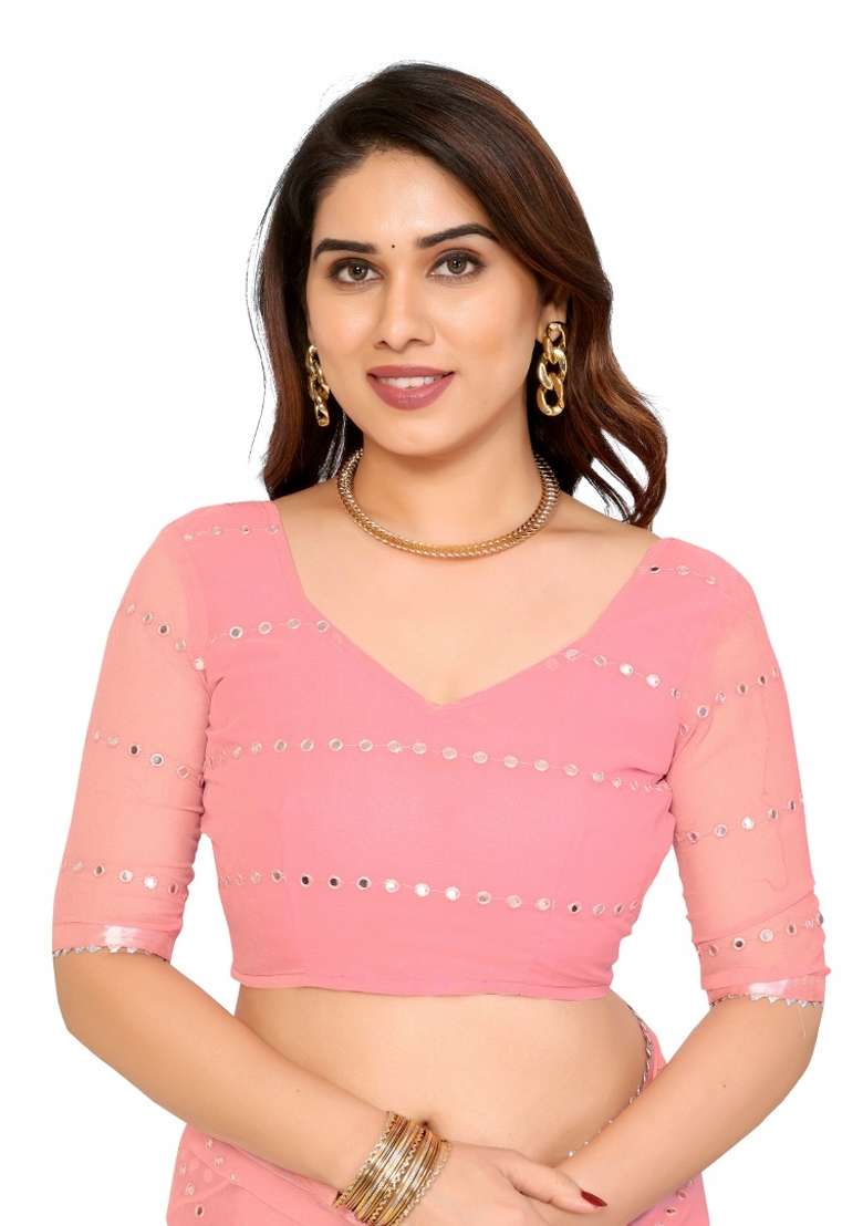 Pink Mirror Work Georgette Blend Saree Set - Indya