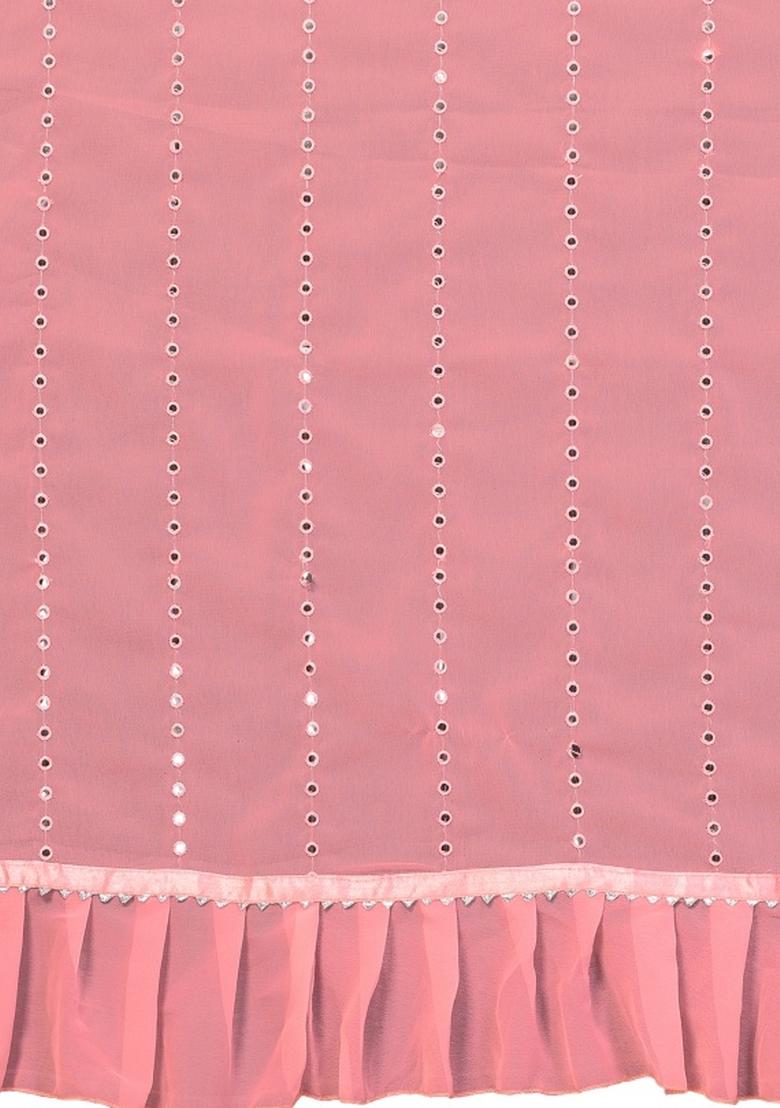 Pink Mirror Work Silk Saree Set - Indya