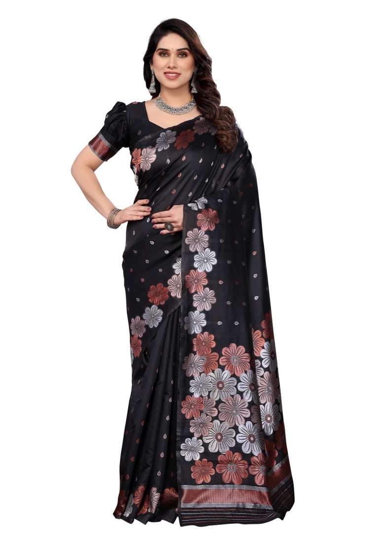 Black Weaving Silk Blend Saree Set for Diwali and Festive Wear - Indya